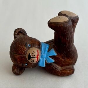 Vintage Ceramic Hand Painted Teddy Bear Blue Bow Tie Figurine